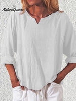 Women’s Casual Solid Colour Cotton And Linen Loose Long Sleeve V - Neck Shirt White / S
