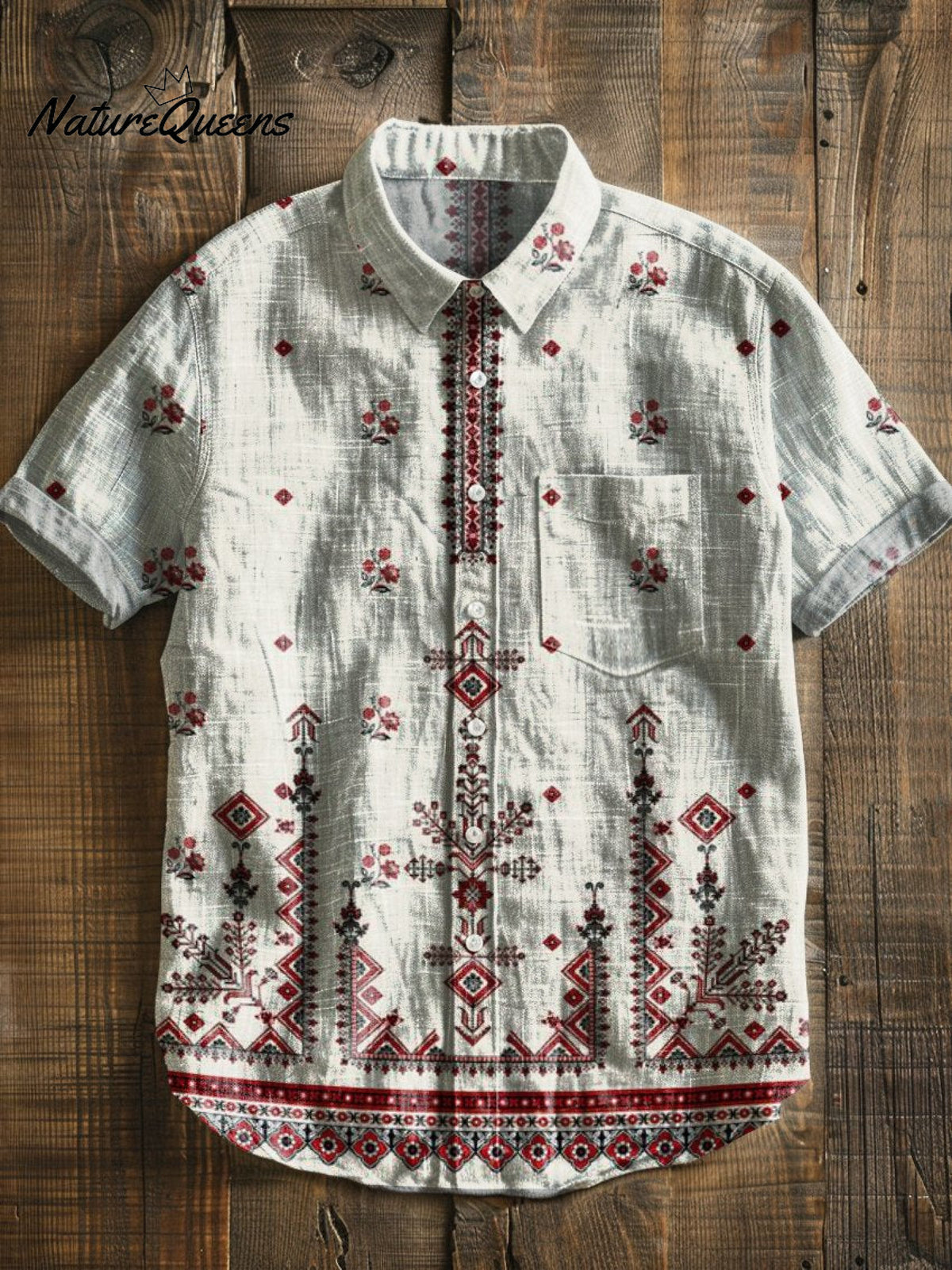 Red Ethnic Pattern Vintage Print Casual 100% Cotton Shirt