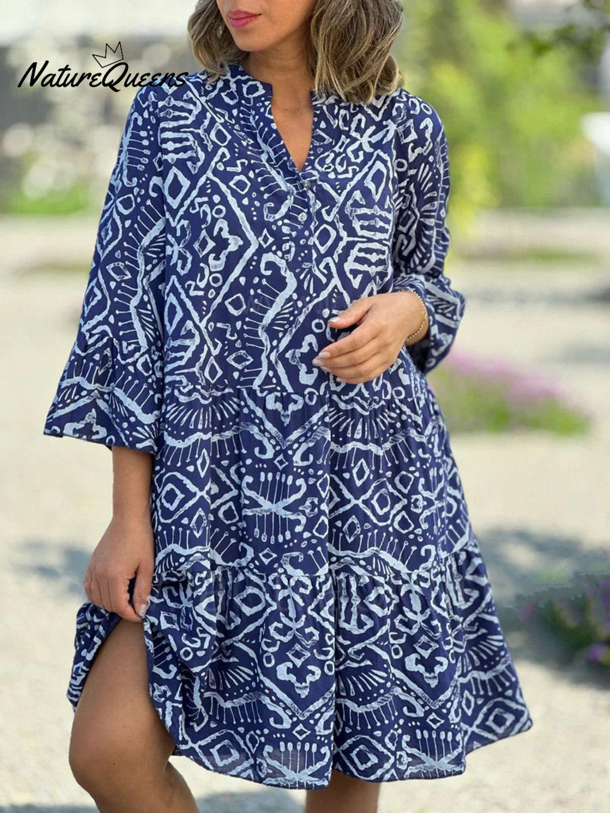 V-Neck Flare Sleeve Pattern Print Summer Dress