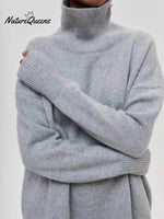 Women's Solid Color Stylish Long-sleeved Loose turtleneck Warm Casual Knitted Sweater