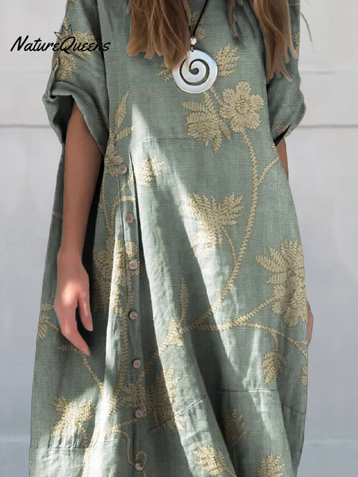 Women’s Retro Floral Print Linen Cotton Buttons Dress