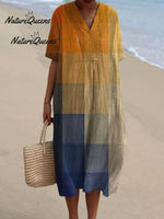 Women's Blue Yellow Gradient Mosaic Abstract Art Casual Cotton Linen Shirt