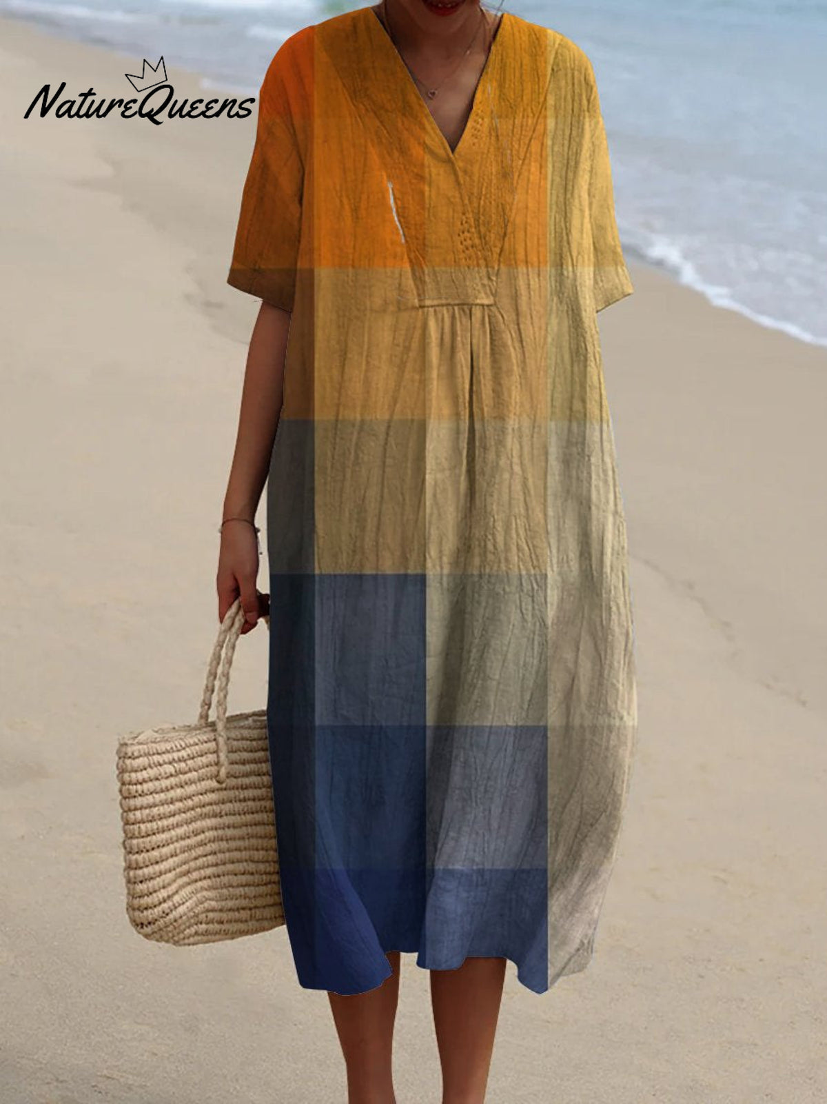 Women's V Neck Vintage Yellow Blue Art Mosaic Gradient Art Linen Loose Dress