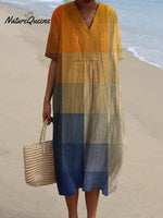 Women's V Neck Vintage Yellow Blue Art Mosaic Gradient Art Linen Loose Dress