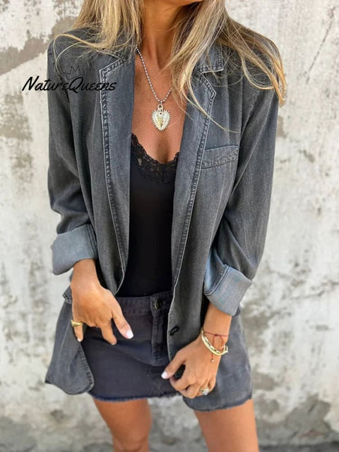 Women's Solid Color Loose Long Sleeve Denim Jacket