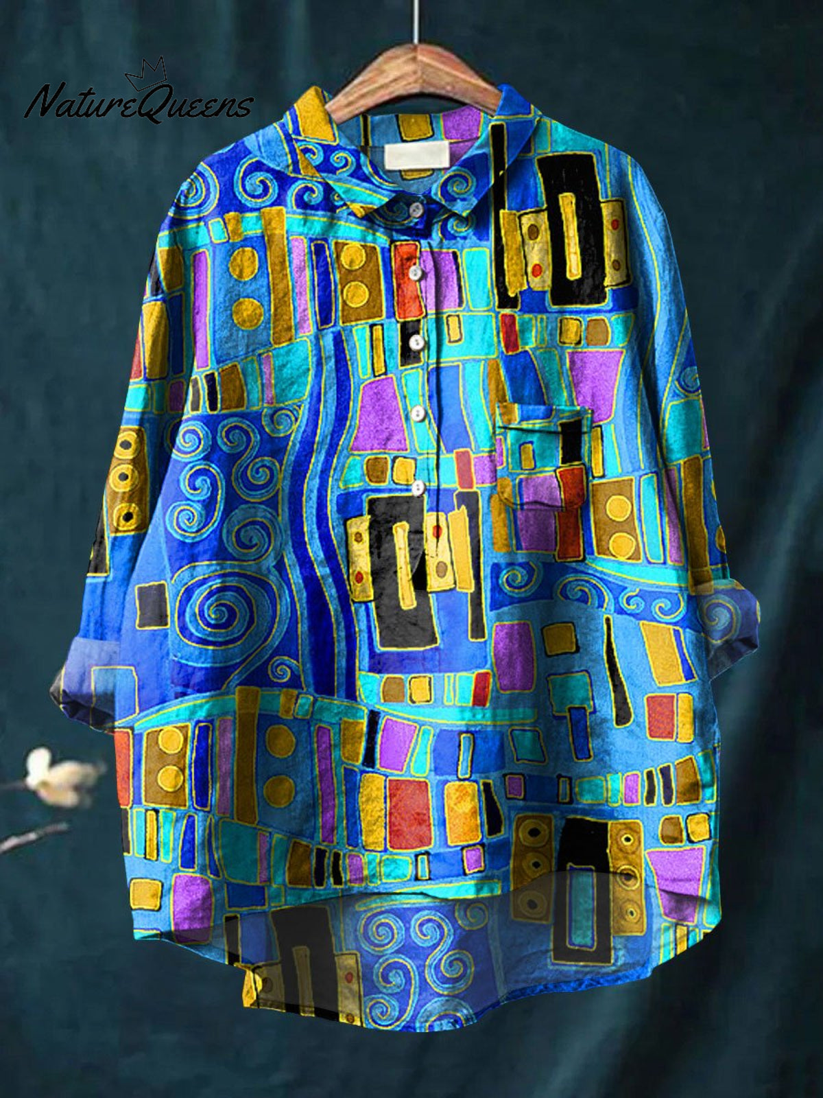 Abstrct Art Printed Women's Casual Cotton And Linen Shirt