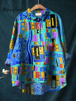 Abstrct Art Printed Women's Casual Cotton And Linen Shirt