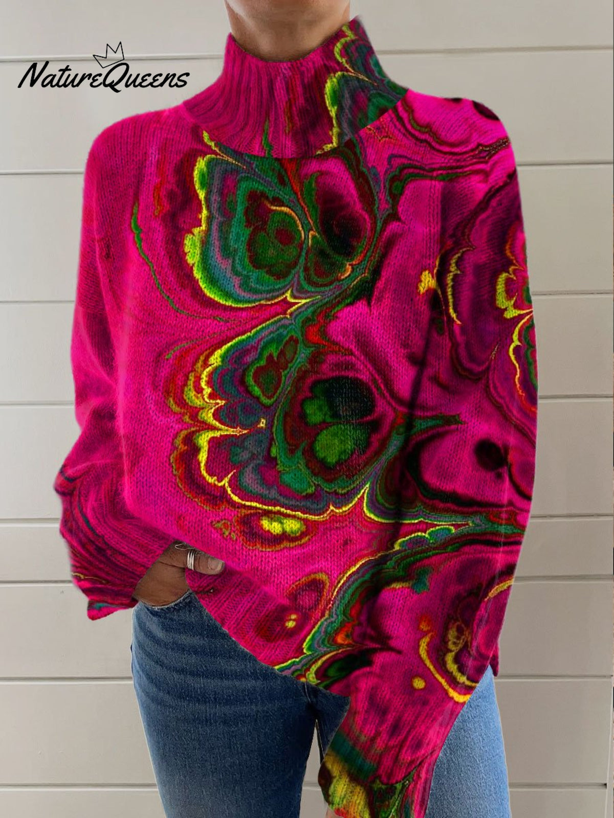 Abstrct Art Print Knit Turtleneck Pullover Sweater