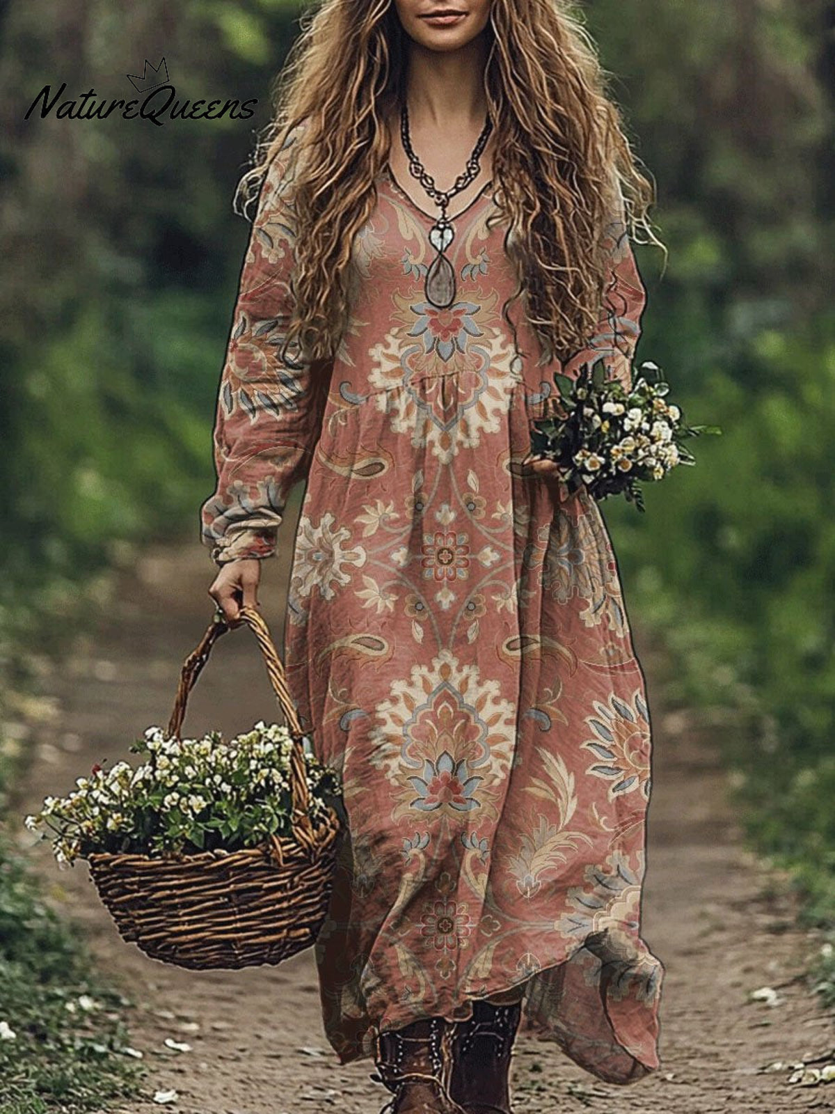 Women's Retro Floral Art Print Pocket Cotton Dress