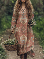 Women's Retro Floral Art Print Pocket Cotton Dress