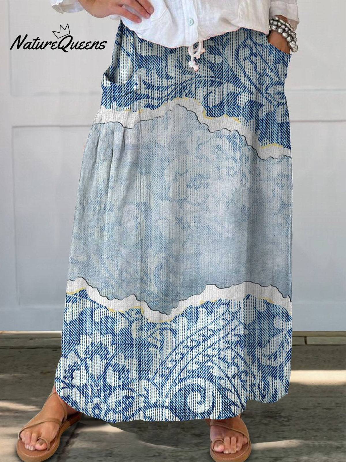 Women’s Denim Texture Casual Print Linen Elastic Waistband Pocket Skirt Multicolor / S