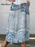 Women’s Denim Texture Casual Print Linen Elastic Waistband Pocket Skirt Multicolor / S