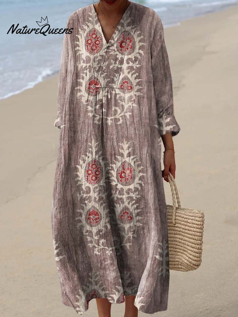 Women's Vintage Ethnic Floral Art Print Cotton Dress