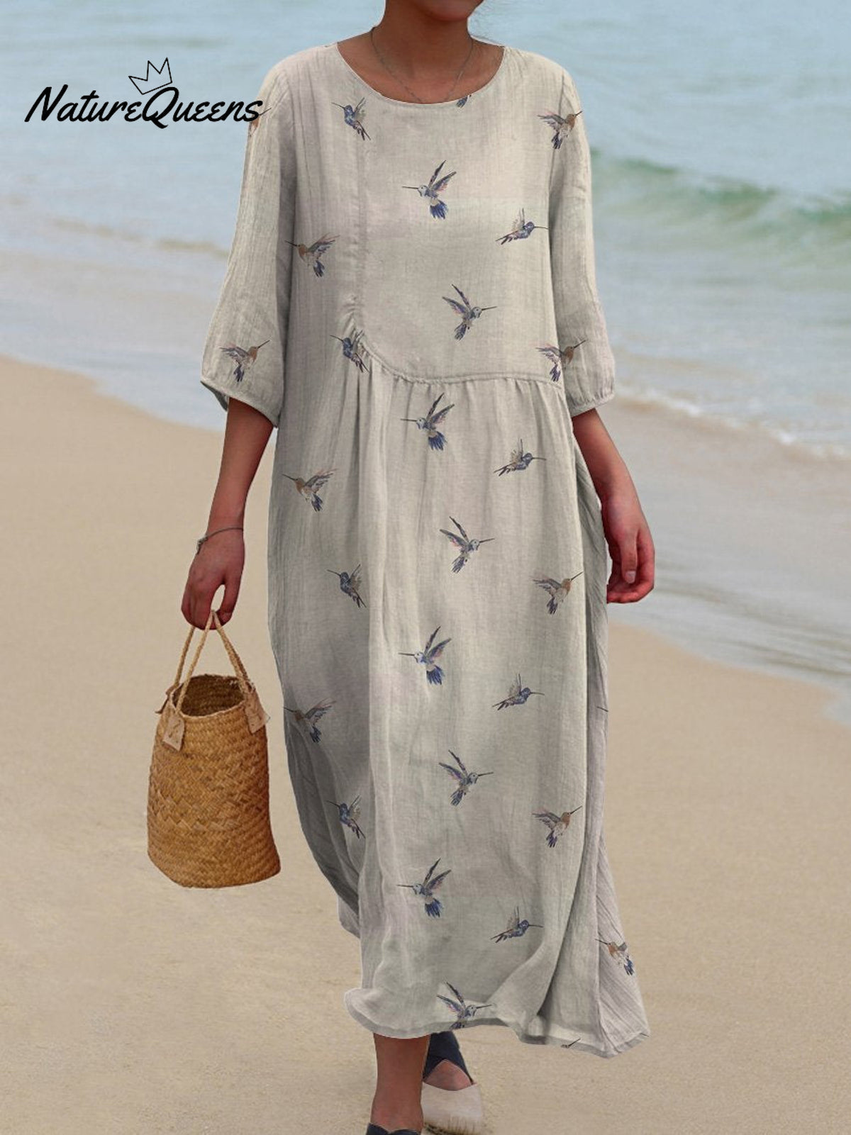 Simple Hummingbird Repeat Pattern Printed Women's Pocket Cotton Dress