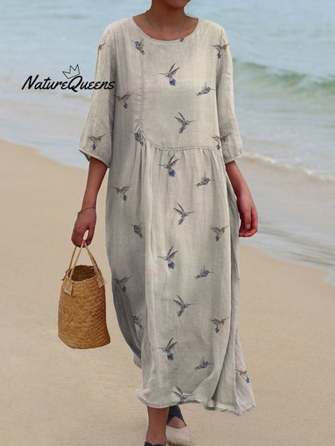 Simple Hummingbird Repeat Pattern Printed Women's Pocket Cotton Dress