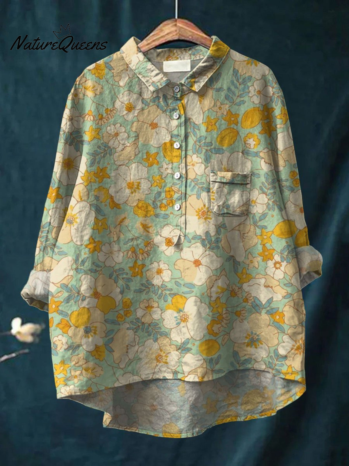 Women's Retro Floral Art Print Casual Cotton And Linen Shirt