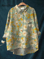 Women's Retro Floral Art Print Casual Cotton And Linen Shirt