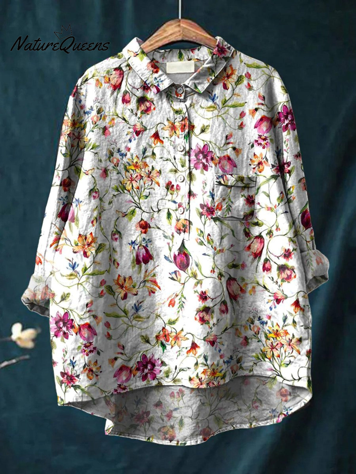 French Garden Pattern Printed Women's Casual Cotton And Linen Shirt
