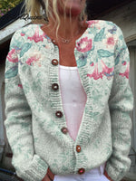 Vintage Flower Art Print Buttoned Cardigan Sweater