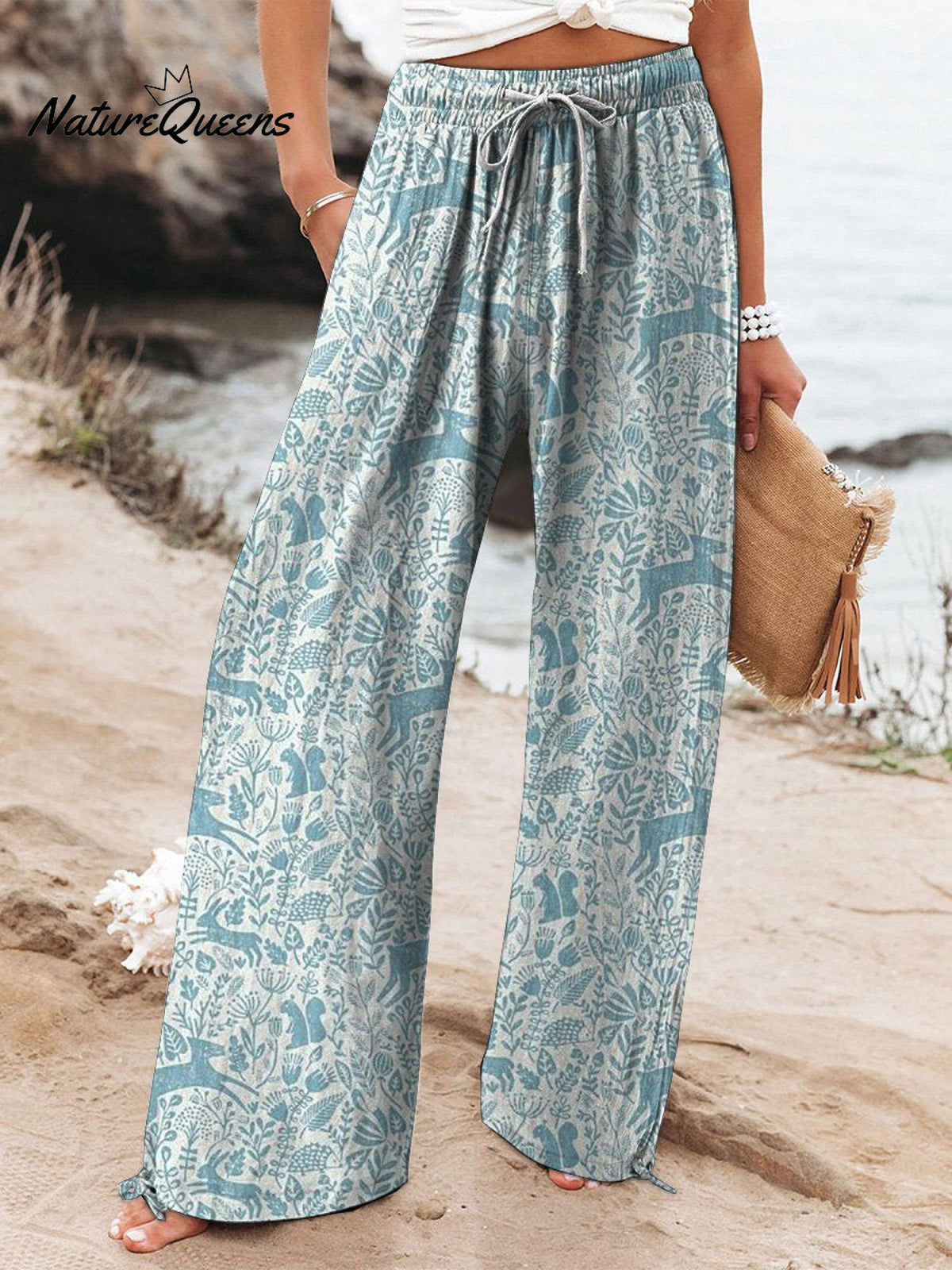 Batik Style Spring Woodland Pattern Printed Women’s Cotton And Linen Casual Pants Blue / S