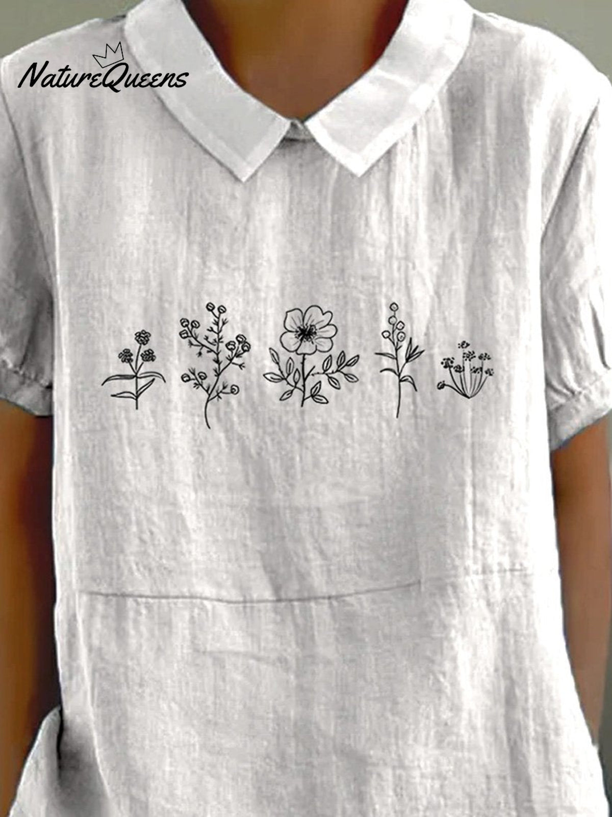 Line Drawing Floral Bush Printed Women’s Casual Cotton And Linen Shirt