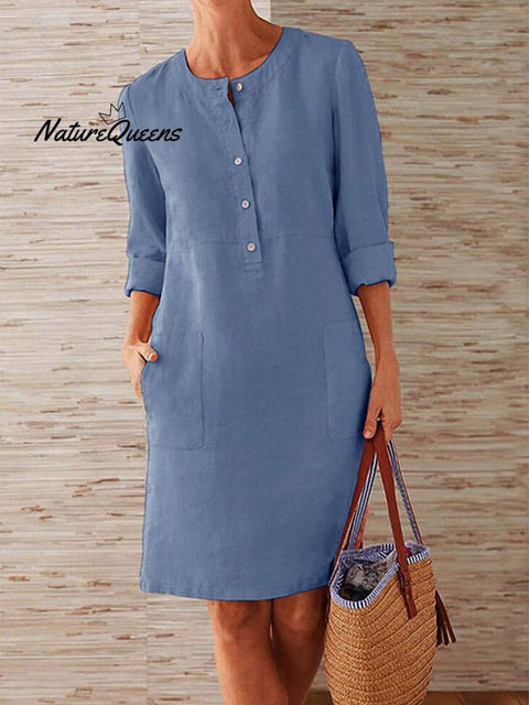 Spring Cotton And Linen Round Neck Long Sleeve Dress Blue / S