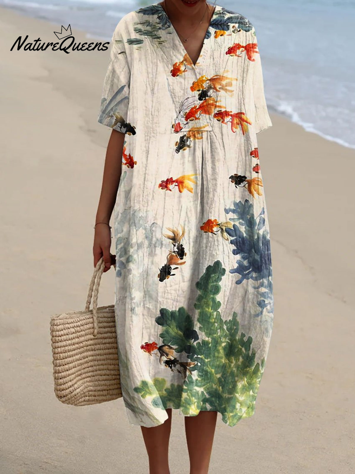 Women's Watercolor Fish Art Print Flowy Dress