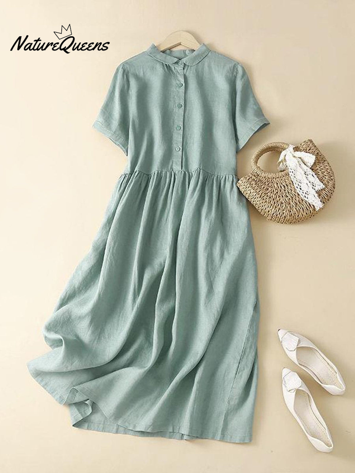 Women’s Cotton And Linen Short Sleeve Solid Color Casual Shirt Dress Green / S