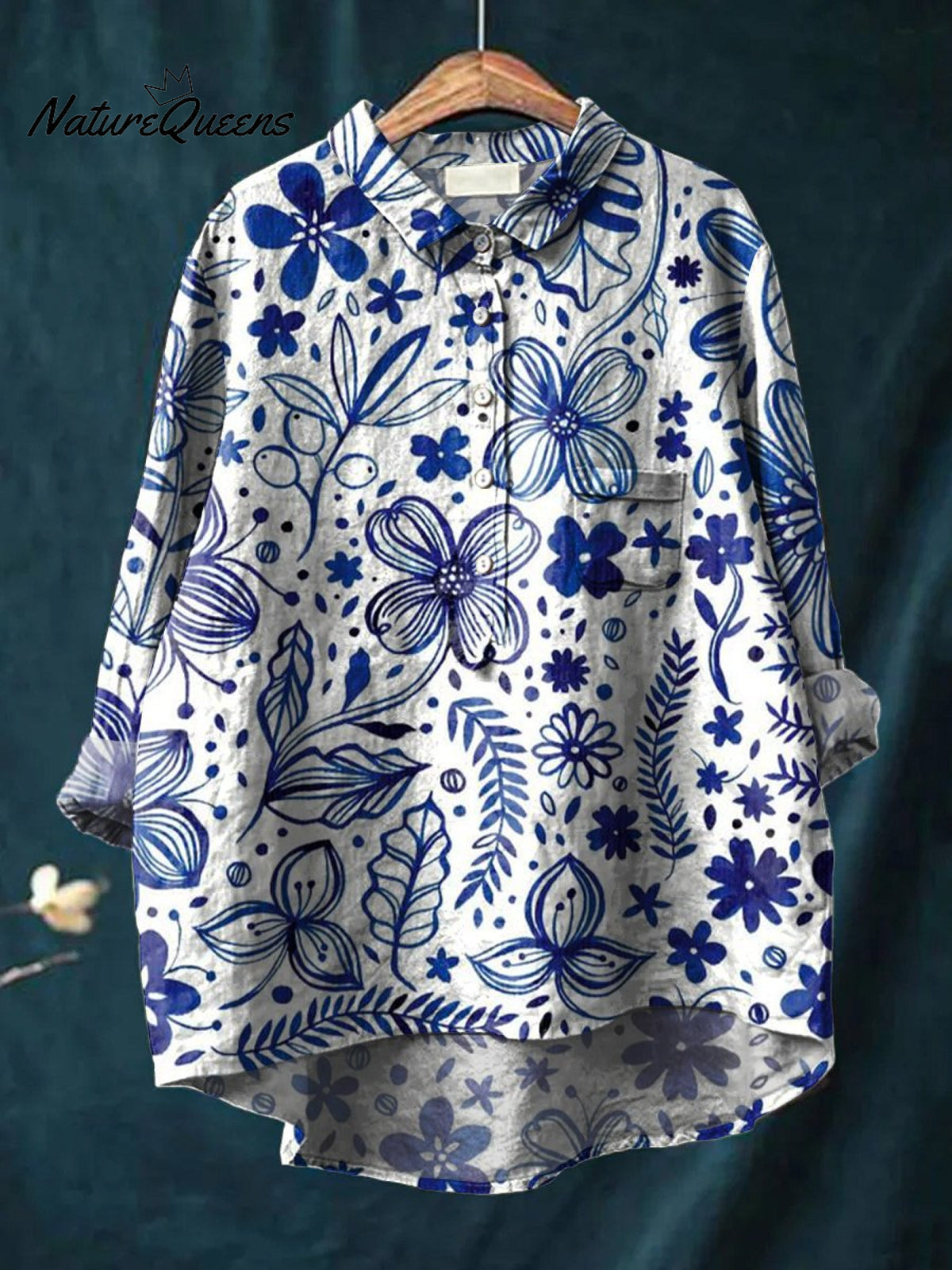 Women's Floral Art Print Casual Cotton And Linen Shirt