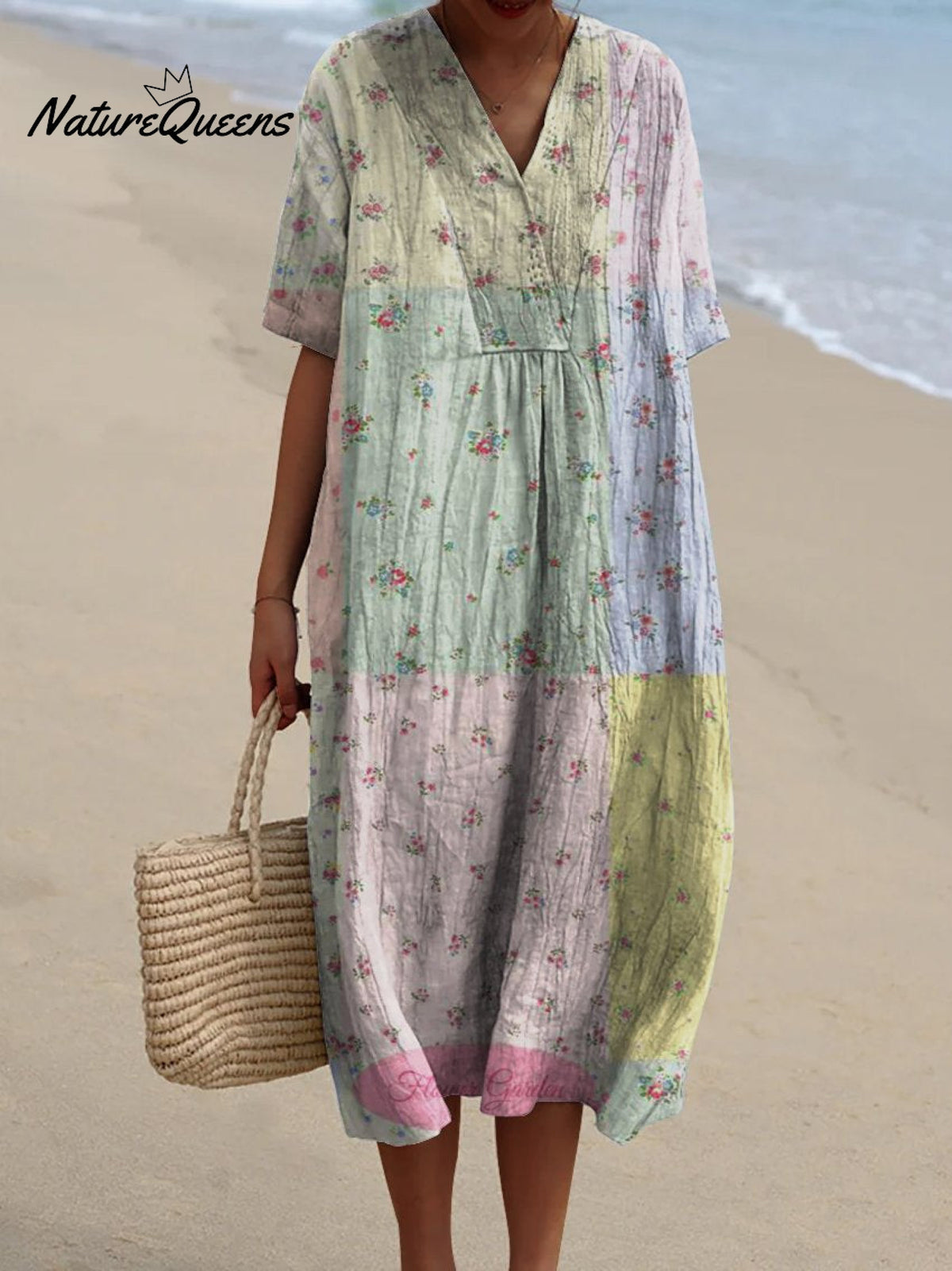 Women's Retro Cute Floral Patchwork Art Print Flowing Dress