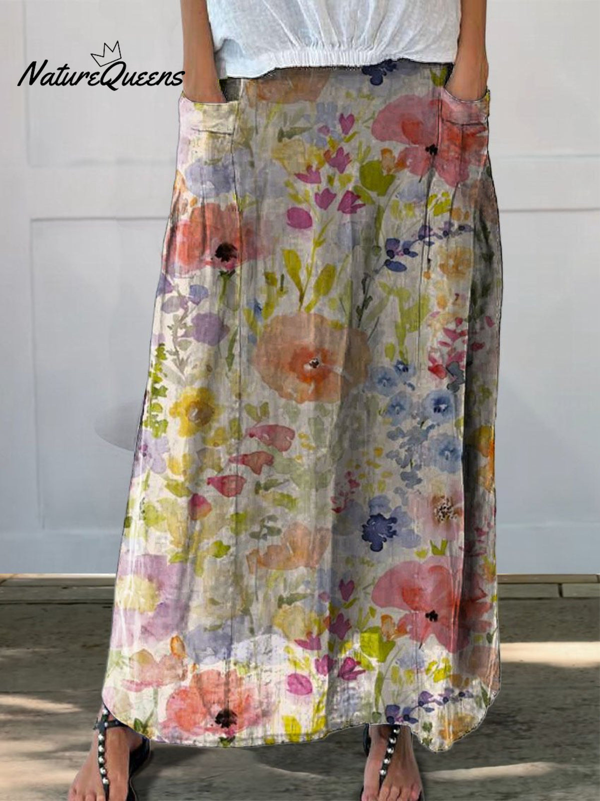 Women’s Lovely Watercolor Floral Art Print Casual Linen Pocket Skirt