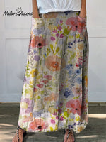 Women’s Lovely Watercolor Floral Art Print Casual Linen Pocket Skirt