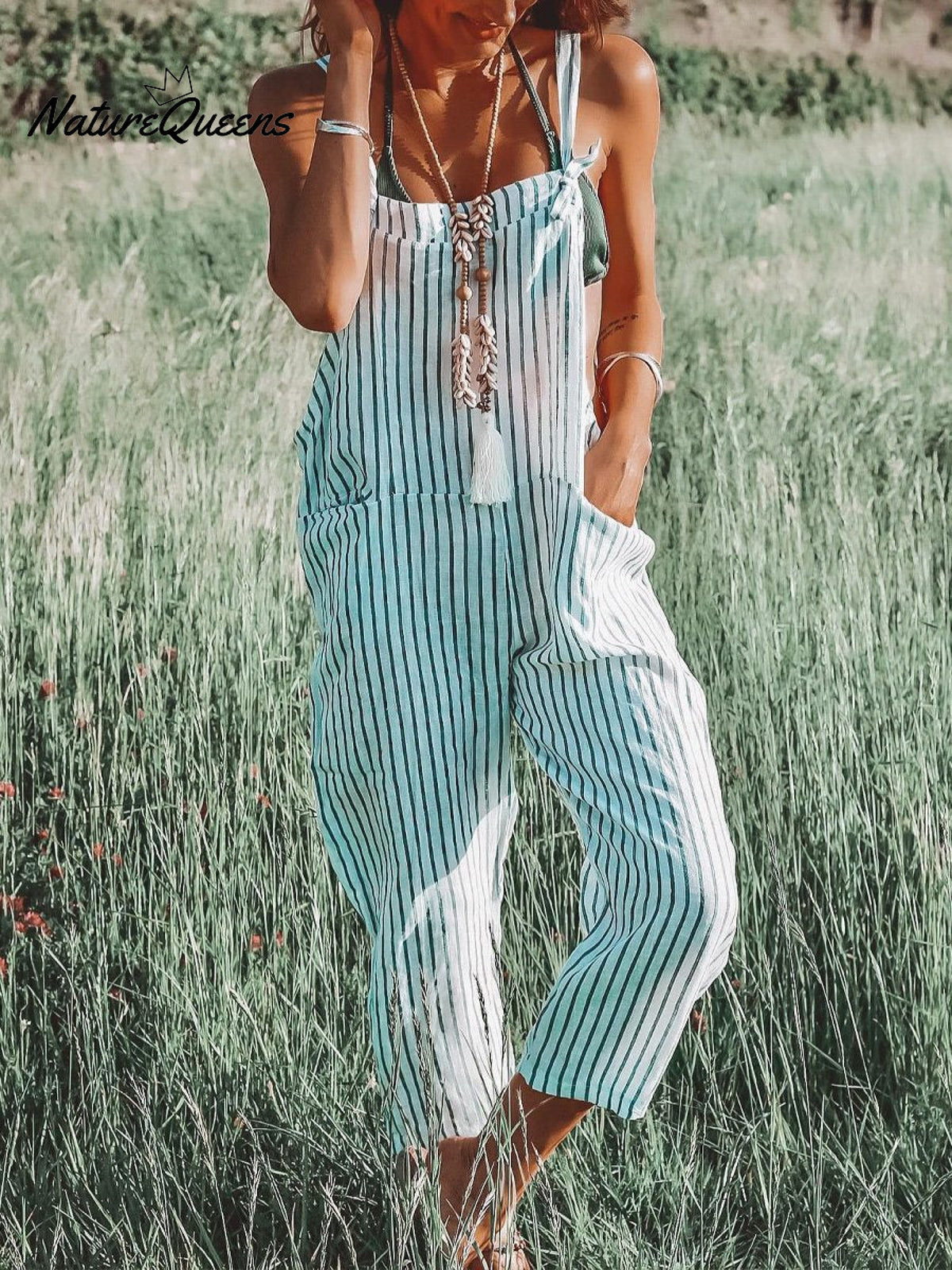 Women's Casual Cotton And Linen Stripe Pattern Printed Jumpsuit