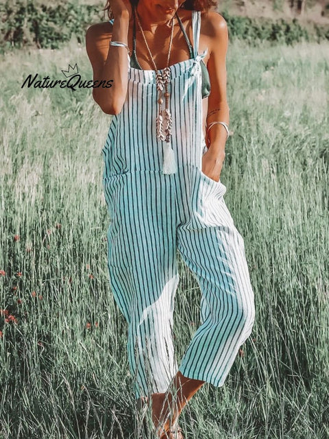 Women's Casual Cotton And Linen Stripe Pattern Printed Jumpsuit