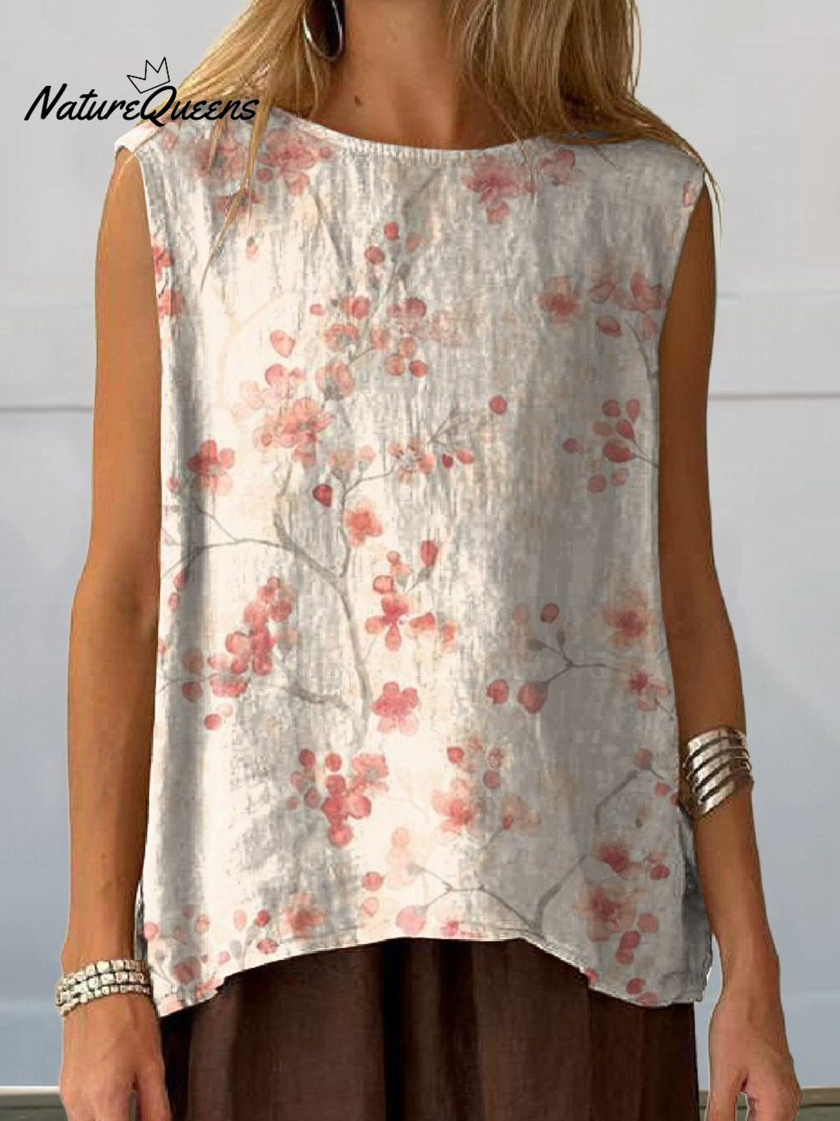 Women’s Retro Floral Art Print Casual Cotton And Linen Tank Top