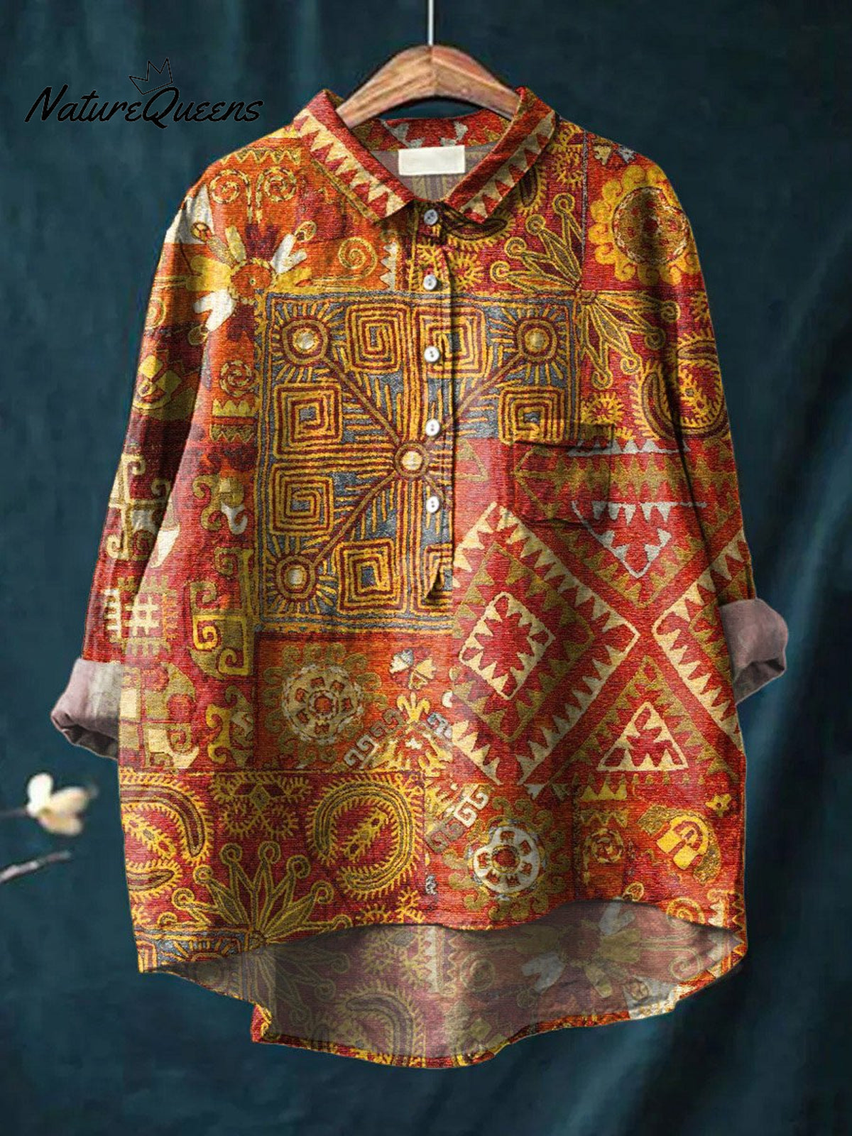 Vintage Ethnic Floral Pattern Art Print Casual Cotton And Linen Shirt