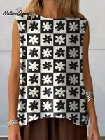 Lovely Floral And Check Pattern Printed Women's Casual Cotton And Linen Tank Top
