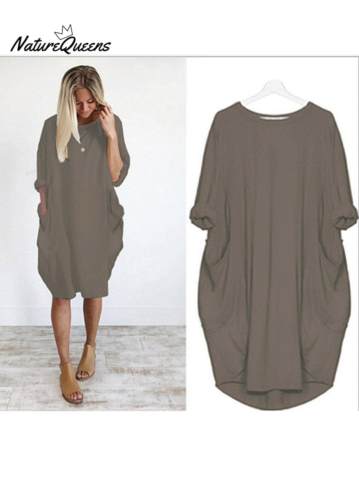 Women’s Solid Color Loose Elegant Casual Long - Sleeved Pocket Dress Dark Khaki / S