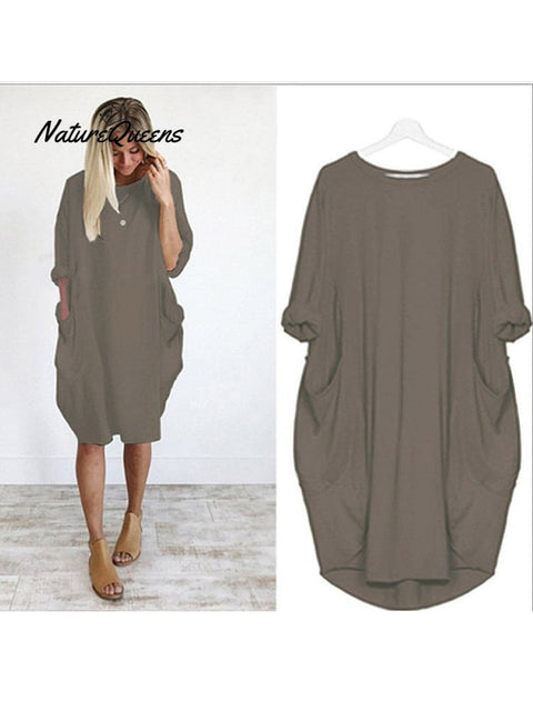 Women’s Solid Color Loose Elegant Casual Long - Sleeved Pocket Dress Dark Khaki / S