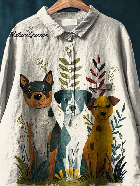 Puppy Dog In Botanical Garden Graphic Printed Women's Casual Cotton And Linen Shirt