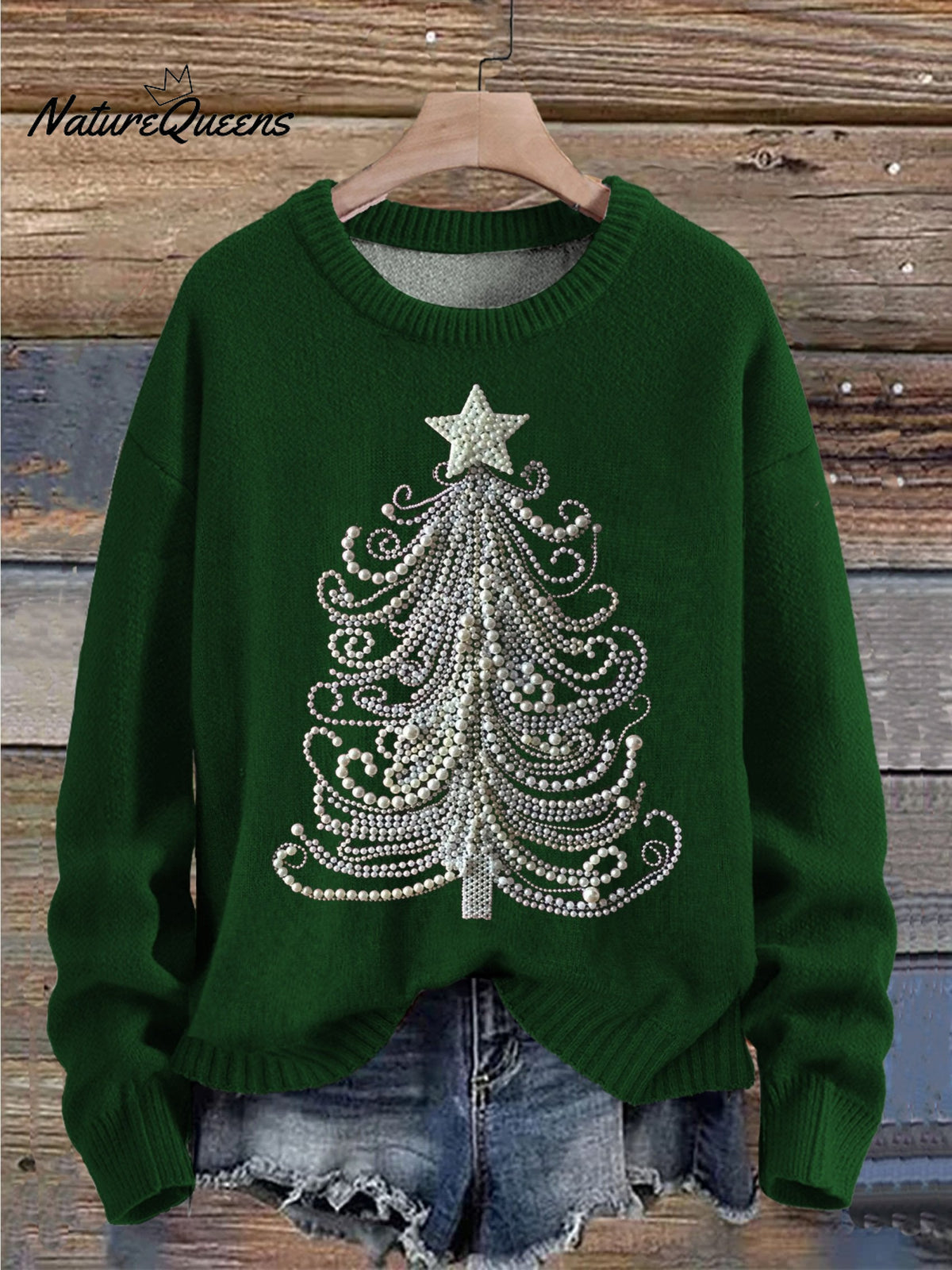 Christmas Tree Jewelry Art Pearls Print Knit Pullover Sweater