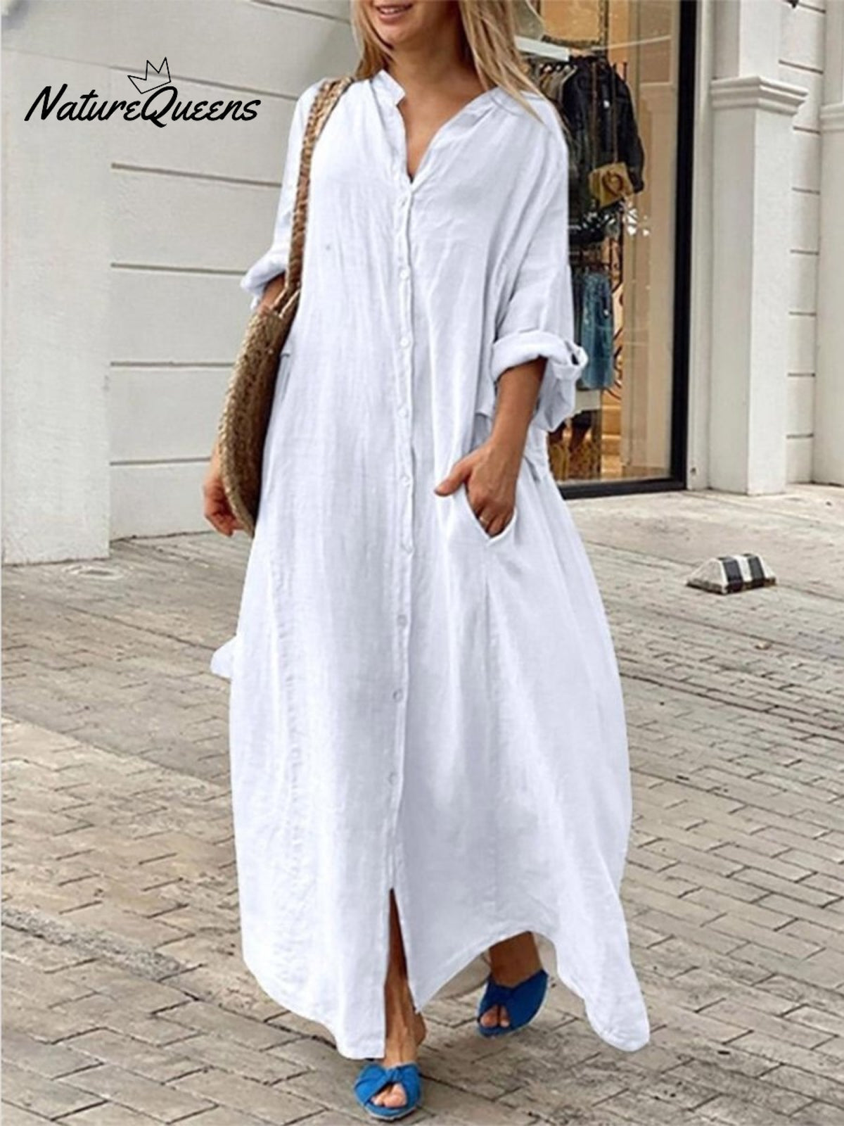 Casual Cotton And Linen Shirt Dress White / S