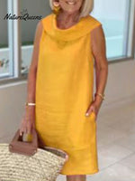 Loose Fit Cotton And Linen Solid Color Pullover Dress