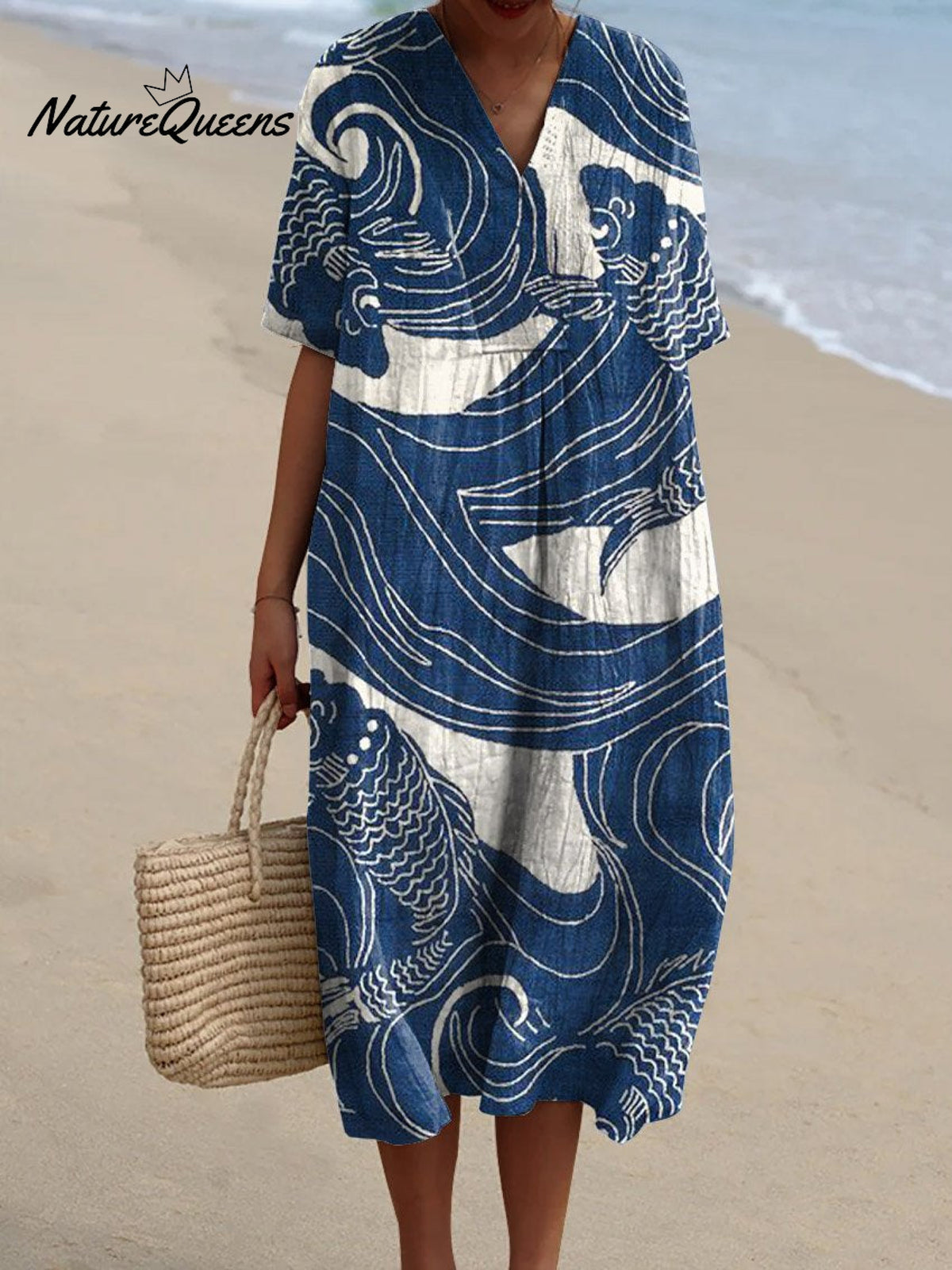 Women's Vintage Lovely Fish Art Print Flowy Dress