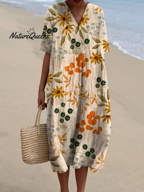 Women’s Retro Floral Art Print Casual Flowy Dress Multicolor / S