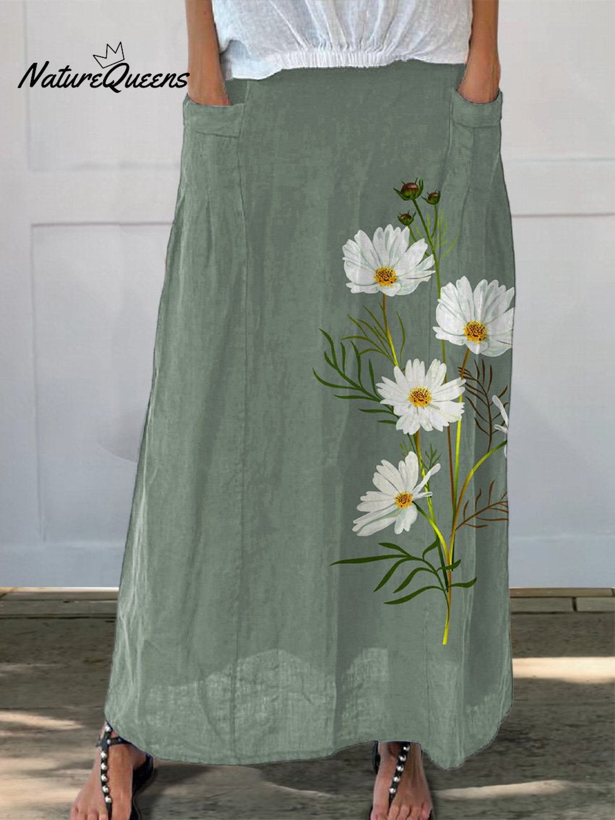 Spring White Daisy Floral Printed Women’s Linen Pocket Skirt
