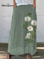 Spring White Daisy Floral Printed Women’s Linen Pocket Skirt