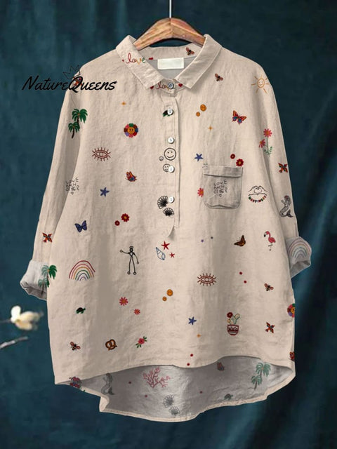 Women's Cute Art Print Casual Cotton And Linen Shirt