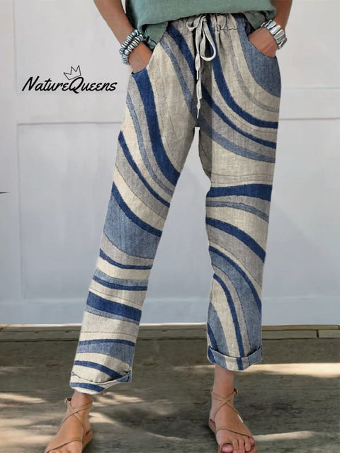 Wavy Stripe Print Women’s Printed Cotton And Linen Casual Pants Multicolor / S