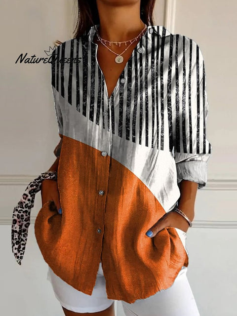 Minimalist Style Geometric And Line Art Printed Women's Casual Cotton Shirt